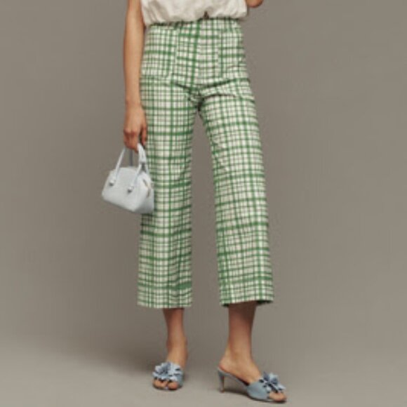 The Colette Cropped Wide-Leg Pants by Maeve in Green and White Plaid Size 25 - Picture 1 of 2